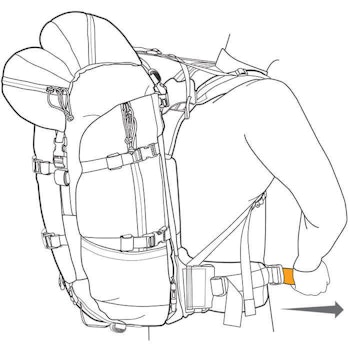 Proper pack fitting begins by loosening all straps. Situate waist belt comfortably on the hips, tighten waist belt. Tighten the shoulder straps; adjust the load lifters. Finally, adjust the sternum strap.
