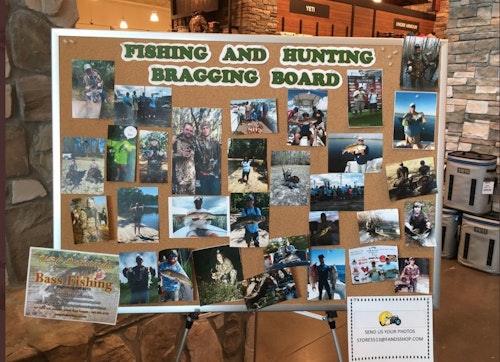 A bragging board with photos of hunters and fishermen with their favorite in-the-field harvests and catches is a popular stopping point in any outdoors store.